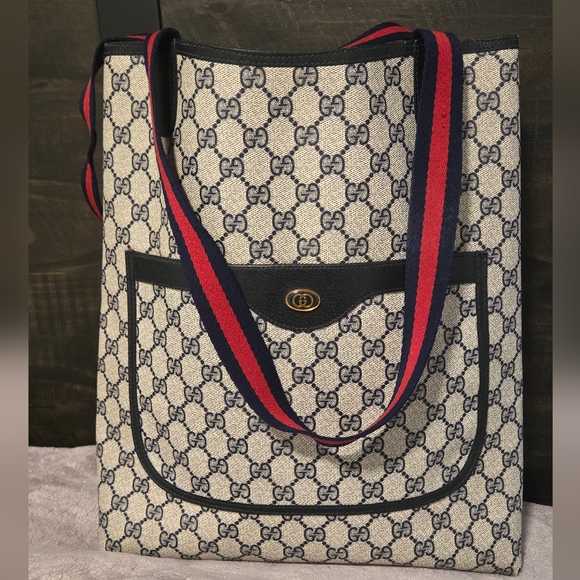 Vintage 1990s Gucci Micro GG Tote — Navy Blue “GG Mignon Grey-Blue” Canvas - Picture 1 of 12